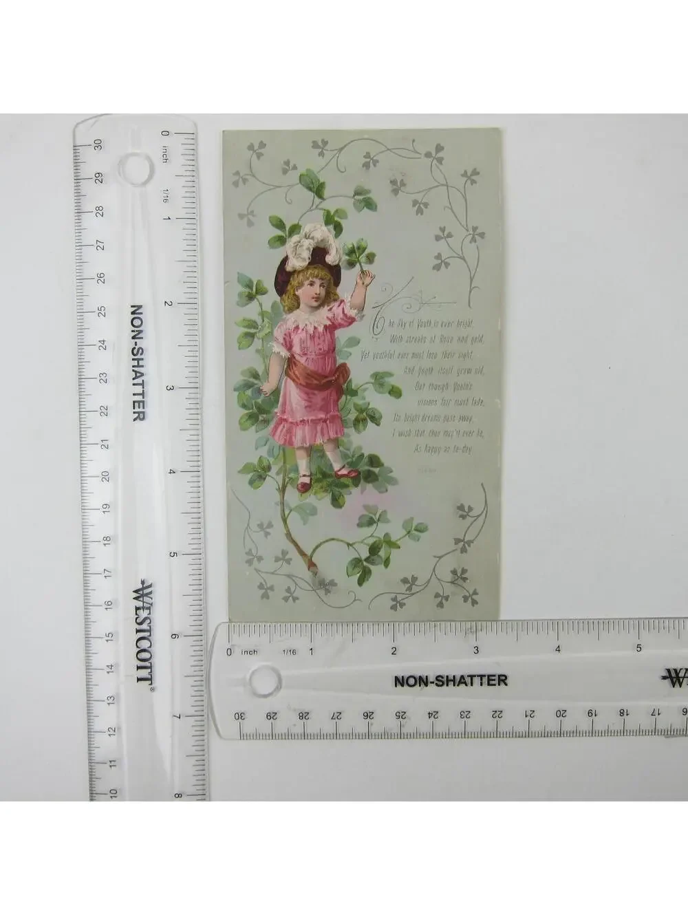 Victorian Greeting Card Four Leaf Clover Girl Pink Dress Feather Hat Antique